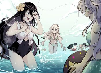 2boys 6+girls ball bikini black_hair black_one-piece_swimsuit blonde_hair breasts casual_one-piece_swimsuit commentary double-parted_bangs english_commentary flower friends frilled_one-piece_swimsuit frills green_bikini green_eyes grey_eyes hair_between_eyes hair_flower hair_ornament happy highres holding holding_ball large_breasts long_hair looking_at_another medium_breasts multiple_boys multiple_girls ocean one-piece_swimsuit open_mouth original ryuuxin sadie_(ryuuxin) smile splashing swimsuit wading water