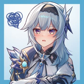 1girl absurdres black_gloves black_hairband black_outline blue_border blue_hair blush border clothing_cutout crossed_arms eula_(genshin_impact) genshin_impact gloves hairband highres medium_hair open_mouth outline purple_eyes shoulder_cutout solo squiggle upper_body vision_(genshin_impact) white_background yuno_kaihara