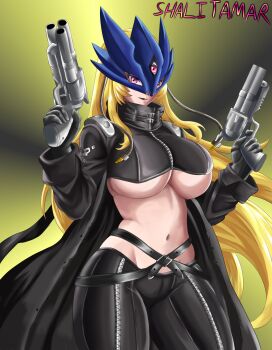 1girl artist_name beelstarmon belt black_coat black_gloves black_lips black_pants black_vest blonde_hair blue_mask breasts closed_mouth coat commentary cowboy_shot cropped_vest digimon digimon_(creature) dual_wielding eye_mask gloves groin gun highres holding holding_gun holding_weapon large_breasts leather leather_pants long_hair long_sleeves looking_at_viewer mask multiple-barrel_gun navel open_clothes open_coat pants purple_eyes shalitamar sidelocks solo standing stomach third_eye tight_clothes tight_pants underboob vest weapon yellow_background zipper