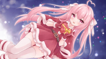 1girl ahoge belt black_belt boots box capelet commentary_request commission dress fur-trimmed_capelet fur-trimmed_dress fur-trimmed_gloves fur_trim gift gloves hair_ribbon heart heart-shaped_box heart_ahoge highres holding holding_box holding_gift long_hair looking_at_viewer mochizuki_riku open_mouth original pink_eyes pink_hair red_capelet red_dress red_gloves ribbon santa_costume santa_dress skeb_commission solo thighhighs two_side_up white_ribbon white_thighhighs