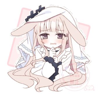 Rule 34 | 1girl, animal ears, blonde hair, commentary request, cross, cross earrings, earrings, frilled sleeves, frills, gloves, grey eyes, hands up, hikami meruru, jewelry, kemonomimi mode, long hair, long sleeves, looking at viewer, lop rabbit ears, mahou shoujo no majo saiban, nervous, open mouth, rabbit ears, shikito (yawa0w0), solo, tearing up, trembling, upper body, veil, wavy mouth, white gloves, white veil
