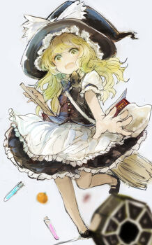 1girl apron black_dress black_hat black_vest blonde_hair bow commentary_request dress frilled_hat frills hat hat_bow kirisame_marisa long_hair looking_down mini-hakkero open_mouth puffy_short_sleeves puffy_sleeves short_sleeves simple_background solo standing standing_on_one_leg touhou vest waist_apron wataichi_meko white_background white_bow witch_hat yellow_eyes