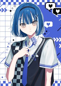 1girl black_vest blue_eyes blue_hair blue_necktie blunt_bangs blush checkered_background checkered_clothes checkered_vest commentary_request frown grey_shirt hair_ornament hairclip hand_on_own_tie heart highres looking_at_viewer multiple_speech_bubbles necktie original pixelated_background pleated_skirt pout sailor_collar school_uniform serafuku shirt short_hair short_sleeves skirt solo speech_bubble upper_body vest yoruse