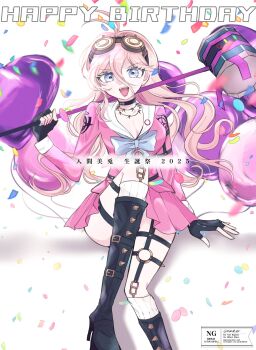 1girl antenna_hair blonde_hair breasts danganronpa_(series) danganronpa_v3:_killing_harmony fingerless_gloves gloves goggles goggles_on_head hair_between_eyes highres iruma_miu large_breasts long_hair long_sleeves mmr_0x shirt skirt smile