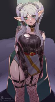 1girl alternate_breast_size_(larger) asymmetrical_legwear belt black_bow black_bra black_choker black_eyeshadow black_shirt bow bra breasts choker cleavage commentary_request cross earrings elf eyeshadow eyeshadow_under_eye fishnet_pantyhose fishnet_thighhighs fishnets frieren garter_straps goth_fashion green_eyes grey_hair hair_bow highres inverted_cross inverted_cross_earrings jewelry long_hair looking_at_viewer loose_hair_strand makeup mismatched_legwear multiple_hair_bows nicomamu pantyhose parted_bangs parted_lips pointy_ears red_belt see-through_clothes see-through_shirt shirt short_eyebrows side_slit signature skirt sleeves_past_fingers sleeves_past_wrists sousou_no_frieren spanish_commentary thighhighs torn_clothes torn_shirt twintails underwear