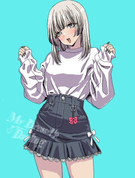 1girl black_nails blue_background blush breasts commentary_request denim denim_skirt fake_nails grey_eyes highres kasai_seira long_sleeves medium_breasts medium_hair multicolored_hair open_mouth simple_background skirt solo sono_bisque_doll_wa_koi_wo_suru streaked_hair sweater white_sweater yamashita_shun&#039;ya