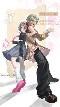 Rule 34 | 2girls, absurdres, back-to-back, black pants, black shirt, bow, brown coat, brown hair, brown tank top, chinese commentary, closed mouth, coat, commentary request, detached sleeves, ebizuka tomo, girls band cry, grey hair, grey skirt, hair between eyes, hair bow, highres, leg warmers, long hair between eyes, long sleeves, mole, mole under eye, multiple girls, necktie, off shoulder, open clothes, open coat, open mouth, pants, pink eyes, pink necktie, pink shoes, red bow, rupa (girls band cry), shirt, shoes, short hair, skirt, tank top, teeth, translation request, upper teeth only, white leg warmers, wu fuzuoyong