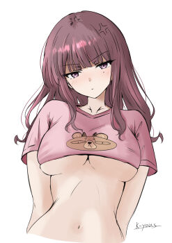 1girl anger_vein animal_print arms_at_sides artist_name bear_print breasts closed_mouth commentary crew_neck crop_top cropped_shirt cropped_torso highres k-yous large_breasts long_hair looking_at_viewer mole mole_under_eye natsuki_karin navel no_bra pink_shirt print_shirt purple_eyes purple_hair shirt short_sleeves signature simple_background sketch solo stomach straight_hair synthesizer_v t-shirt underboob v-shaped_eyebrows white_background wispy_bangs
