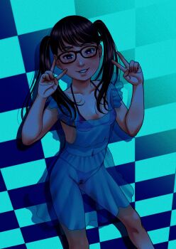 1girl artist_name bikini blush breasts cameltoe censored double_v dress female_focus flat_chest glasses grin highres idol loli looking_at_viewer model see-through_clothes small_breasts smile solo swimsuit tagme third-party_edit v x-ray