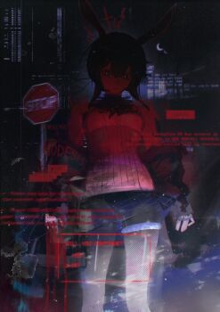 1girl absurdres amiya_(arknights) animal_ears arknights ascot black_jacket blood blue_ascot blue_screen_of_death blue_shorts blue_skirt closed_mouth cowboy_shot dark english_text error_message expressionless film_grain glitch glowing_pupils hair_between_eyes highres horror_(theme) jacket jewelry long_hair looking_at_viewer low_twintails miniskirt multiple_rings pleated_skirt rabbit_ears rabbit_girl ring road_sign shirt short_shorts shorts shorts_under_skirt sidelocks sign skirt solo staring stop_sign twintails white_shirt yorulost