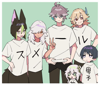1girl 5boys ahoge alhaitham_(genshin_impact) aqua_background aqua_eyes black_hair blonde_hair border clothes_writing cyno_(genshin_impact) genshin_impact green_eyes headphones highres kaveh_(genshin_impact) looking_at_viewer multicolored_hair multiple_boys nahida_(genshin_impact) nploser open_mouth photoshop_(medium) red_eyes scaramouche_(genshin_impact) shirt sidelocks simple_background smile streaked_hair t-shirt tighnari_(genshin_impact) translated v wanderer_(genshin_impact) white_border white_shirt