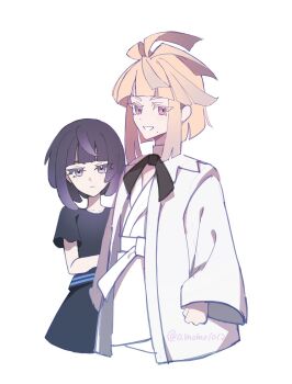 Rule 34 | 1boy, 1girl, :d, aged down, alternate costume, amomo1012, belt, black dress, blonde hair, blunt bangs, blush, bob cut, brother and sister, closed mouth, commentary request, dougi, dress, eyelashes, gwynn (pokemon), highres, ivor (pokemon), jacket, karate gi, long sleeves, looking at viewer, mole, mole under mouth, nintendo, open clothes, open jacket, open mouth, pokemon, pokemon legends: z-a, purple eyes, purple hair, red eyes, short hair, short sleeves, siblings, smile, twitter username, white background, white jacket, wide sleeves