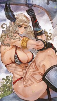 1girl abs amazon_(dragon&#039;s_crown) armlet armor axe bikini_armor black_feathers black_gloves blonde_hair blue_eyes boots bra breasts cleavage_cutout clothing_cutout curly_hair dragon&#039;s_crown feather_hair_ornament feathers gloves gold_armlet hair_ornament highres holding holding_axe holding_weapon jewelry leaf leg_tattoo long_hair looking_at_viewer magion02 muscular muscular_female panties polearm rock sideboob sitting tattoo thick_thighs thighs underwear weapon