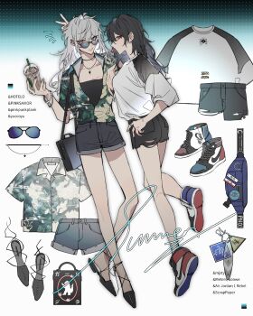 2girls aohitsugi_samatoki bag bare_legs belt black_hair black_shirt black_shoes black_shorts blue_shorts bracelet braid breasts bubble_tea camouflage character_name chinese_text cleavage closed_mouth collarbone collared_shirt cup denim denim_shorts disposable_cup drinking drinking_straw earrings english_text floral_print full_body genderswap genderswap_(mtf) gradient_background green_shirt hand_on_own_hip hand_up handbag hawaiian_shirt highres holding holding_cup hypnosis_mic jewelry lollipop_in_mouth long_hair looking_at_viewer mouth_hold multicolored_shoes multiple_girls multiple_rings necklace notice_lines parted_lips print_shirt profile red_eyes red_shoes reference_sheet ring sandals shirt shoes short_shorts short_sleeves shorts shoulder_bag shuiyiyaogong signature sneakers standing sunglasses tinted_eyewear unworn_clothes unworn_shoes v watch white_hair white_shirt wristwatch yamada_ichiro yuri