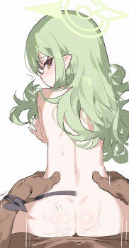 1boy 1girl all_fours ass blue_archive commentary completely_nude dark-skinned_male dark_skin deep_penetration doggystyle green_eyes green_hair halo hetero highres hikari_(blue_archive) interracial loli long_hair looking_back measho nude pointy_ears pov sex sex_from_behind simple_background symbol-only_commentary tail tail_wrap waist_grab white_background