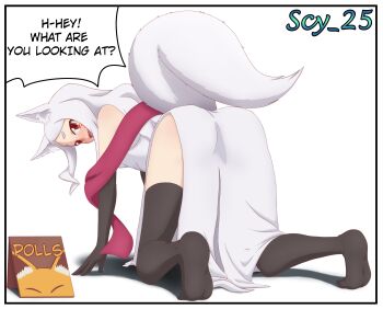 1girl 2025 absurdres all_fours animal_ear_fluff animal_ears ass ass_focus black_gloves black_thighhighs blush breasts elbow_gloves english_text facial_mark fang fox_ears fox_girl fox_tail gloves highres japanese_clothes long_hair looking_at_viewer looking_back open_mouth red_eyes scy_25 sewayaki_kitsune_no_senko-san shiro_(sewayaki_kitsune_no_senko-san) small_breasts solo speech_bubble tail thick_eyebrows thighhighs watermark whisker_markings white_hair white_tail