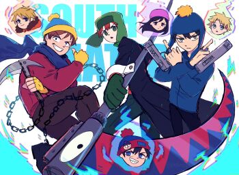 Rule 34 | 1girl, beanie, black coat, black hair, blonde hair, brown hair, coat, craig tucker, crossover, dual wielding, eric cartman, fingerless gloves, fur-trimmed hood, fur trim, gloves, green gloves, gun, hat, highres, holding, holding gun, holding scythe, holding weapon, hood, hoodie, kenny mccormick, knit hat, kusarigama, kyle broflovski, multiple boys, orange hoodie, potatotop, red coat, red hair, scythe, sickle, soul eater, south park, stan marsh, tweek tweak, ushanka, weapon, wendy testaburger, winter clothes, winter coat, yellow gloves