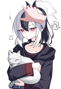 1boy 1girl animal black_choker black_hair black_hoodie black_horns black_shirt blue_archive bright_pupils cat choker collarbone commentary_request demon_horns disembodied_hand doodle_sensei_(blue_archive) earclip grey_halo halo headpat heart highres holding holding_animal holding_cat hood hoodie horns long_sleeves looking_at_viewer mole mole_on_collarbone multicolored_hair open_mouth ponytail pov pov_hands pyosunyi red_eyes sensei_(blue_archive) shirt simple_background spoken_character spoken_heart translation_request two-tone_hair upper_body white_background white_hair white_pupils