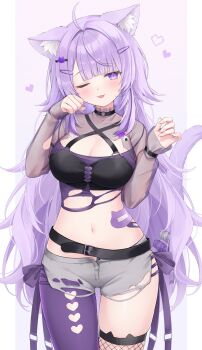 1girl ;3 absurdres ahoge animal_ears belt black_choker black_shirt breasts cat_ears cat_tail choker cleavage closed_mouth commentary cowboy_shot criss-cross_halter crop_top fishnet_thighhighs fishnets grey_shorts halterneck highres hololive large_breasts long_hair looking_at_viewer midriff navel nekomata_okayu nekomata_okayu_(personya_respect) official_alternate_costume one_eye_closed open_fly pantyhose paw_pose purple_eyes purple_hair purple_pantyhose see-through_clothes shano_hiyori shirt short_shorts shorts shrug_(clothing) single_leg_pantyhose single_thighhigh smile solo stomach tail thighhighs thighs tongue tongue_out torn_clothes torn_shorts virtual_youtuber