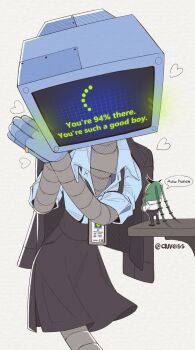 1boy 1girl artist_name auveiss black_pants black_skirt collared_shirt english_text heart highres jacket jacket_on_shoulders jewelry karen_(spongebob) loading_screen own_hands_together pants plankton_(spongebob) ring robot robot_girl shirt shirt_tucked_in simple_background skirt spongebob_squarepants_(series) standing television white_background white_shirt