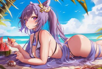 1girl alternate_costume ass bare_shoulders bikini blush breasts felonia genshin_impact hair_ornament hairpin half_updo keqing_(genshin_impact) large_breasts long_hair looking_at_viewer lying on_stomach purple_eyes purple_hair sideboob solo swimsuit thong thong_bikini twintails very_long_hair