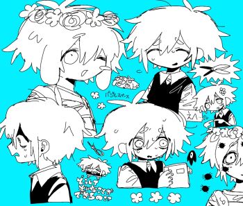 &gt;_&lt; 2boys animal_ears antenna_hair basil_(faraway)_(omori) basil_(headspace)_(omori) basil_(omori) blue_background blush_stickers book bug chibi closed_eyes crying crying_with_eyes_open double-parted_bangs dual_persona flower flower_wreath gardening_shears greyscale_with_colored_background hair_between_eyes hair_flower hair_ornament head_wreath highres holding holding_book kemonomimi_mode kobanzame_omo male_focus multiple_boys noose omori parted_lips rabbit_boy rabbit_ears short_hair short_sleeves sidelocks simple_background single_blush_sticker sketch something_(omori) spider sweater_vest tears translation_request