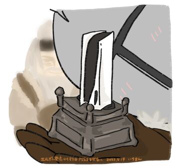 1boy 1other ambiguous_gender bearer_of_the_curse blush border brown_gloves commentary_request dark_souls_(series) dark_souls_ii figure game_console gloves helm helmet highres i_(1290117) laddersmith_gilligan other_focus playstation_5 solo_focus white_border