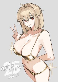 absurdres ahoge alternate_breast_size_(larger) arcueid_brunestud arm_behind_back bikini blonde_hair breasts cleavage english_text gold_bikini hair_intakes highres jonyeld looking_at_viewer red_eyes short_hair simple_background smile swimsuit thick_thighs thighs tsukihime v