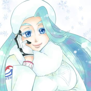 1girl blue_eyes breasts commentary_request dynamax_band earrings fur_collar fur_hat gloves hand_up hat head_rest jewelry large_breasts long_hair long_sleeves mature_female melony_(pokemon) nintendo pearl_earrings pokemon pokemon_swsh shikiotalife single_glove sketch smile solo sweater upper_body ushanka white_hat white_sweater