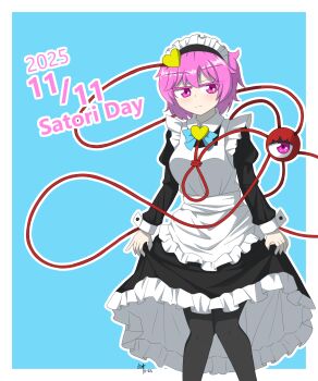 absurdres apron black_dress black_hairband black_pantyhose blue_background blue_bow blue_bowtie bow bowtie breasts closed_mouth clothes_lift commentary cowboy_shot daikoko dress dress_lift english_commentary english_text frilled_dress frills hair_between_eyes hair_ornament hairband heart heart_hair_ornament heart_ornament highres jitome juliet_sleeves komeiji_satori large_breasts light_frown long_sleeves maid_apron maid_headdress messy_hair mixed-language_commentary outline pantyhose pink_eyes pink_hair puffy_sleeves satori_day short_hair simple_background split_mouth third_eye touhou white_apron white_outline white_wrist_cuffs wrist_cuffs