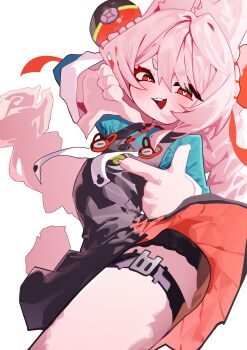 1girl absurdres animal_ear_fluff animal_ears braid braided_twintails cowboy_shot from_side furry furry_female green_shirt hair_between_eyes hashtag-only_commentary heart heart-shaped_pupils highres its2h35 long_hair looking_at_viewer open_mouth pink_fur pink_hair rabbit_ears rabbit_girl red_eyes screw shirt short_eyebrows simple_background solo symbol-shaped_pupils thick_eyebrows thigh_strap white_background zenless_zone_zero zhao_(zenless_zone_zero)