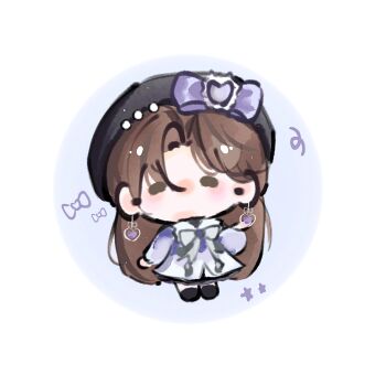 Rule 34 | 1girl, absurdly long hair, beret, black boots, black hat, boots, bow, bowtie, brown eyes, brown hair, carefree moments (infinity nikki), chibi, chinese commentary, circle, commentary request, dress, earrings, fengmi youzi hua, grey bow, grey bowtie, hair between eyes, hand up, hat, hat bow, hat ornament, heart, heart earrings, heart hat ornament, highres, infinity nikki, jewelry, jirai kei, light blush, light particles, long hair, long sleeves, looking ahead, nikki (series), no mouth, parted bangs, puffy long sleeves, puffy sleeves, purple bow, purple dress, sailor collar, solid oval eyes, solo, star (symbol), straight hair, very long hair, white background, white sailor collar