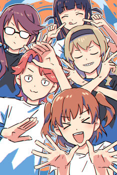 >_< <|>_<|> 5girls :3 :d aijou_karen black_hairband black_shirt blue_background brown_hair closed_eyes closed_mouth commentary curtained_hair facing_viewer glasses hair_bobbles hair_ornament hairband highres hoshimi_junna isurugi_futaba low_side_ponytail medium_hair multiple_girls opaque_glasses open_mouth orange_background outline parody purple_hair red_hair saijou_claudine shirt short_hair short_sleeves shoujo_kageki_revue_starlight side_ponytail smile t-shirt teeth tsuyuzaki_mahiru two_side_up u_u upper_teeth_only v-shaped_eyebrows white_outline white_shirt xd yona_yona_dance yukitake_(bullfalk)