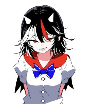 1girl arms_behind_back black_hair blue_bow blue_bowtie bow bowtie commentary highres horns kijin_seija looking_at_viewer multicolored_hair red_eyes red_hair sharp_teeth short_sleeves simple_background solo streaked_hair symbol-only_commentary teeth touhou upper_body white_background white_hair zw9cezxr8j16990