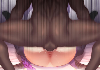 1boy 1girl absurdres anus armor ass ass_focus back blunt_bangs blush braid breasts cum cum_in_pussy dark-skinned_male dark_skin electro_symbol_(genshin_impact) from_behind genshin_impact gradient_hair grey_background h.carrrrrrot hetero highres holding_another&#039;s_legs indoors japanese_clothes kimono large_breasts legs_up long_braid looking_down lying mating_press mitsudomoe_(shape) motion_blur multicolored_hair muscular muscular_male on_back purple_hair purple_kimono purple_thighhighs raiden_shogun sex shade shadow shoulder_armor single_braid solo spread_legs squatting surprised teeth testicles thick_thighs thighhighs thighs tomoe_(symbol)