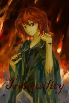 Rule 34 | 1other, absurdres, androgynous, black shirt, blood, blood drip, closed mouth, collared shirt, cowboy shot, embers, english text, fiery background, fire, green jacket, grey shorts, hair between eyes, hand up, highres, holding, holding knife, hood, hood down, hooded jacket, injury, jacket, knife, len&#039;en, long sleeves, looking at viewer, meteor, open clothes, open jacket, other focus, red eyes, red hair, self-harm, shirt, shitodo hooaka, short hair, shorts, smile, solo, standing, wide sleeves, yancao (pixiv 103434280), zipper