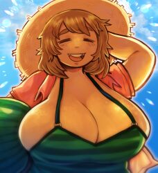 Rule 34 | 1girl, absurdres, blue background, blush, breasts, brown hair, cleavage, closed eyes, collared shirt, commentary, dungeon meshi, english commentary, falin touden, falin touden (tallman), food print, green stripes, hat, highres, holding watermelon, huge breasts, large breasts, open mouth, shirt, smile, solo, straw hat, thren, watermelon print