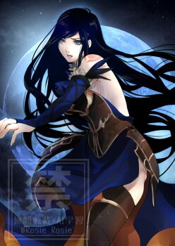 10955187.1 1girl armor bad_tag black_hair black_thighhighs blue_eyes blue_sleeves castlevania:_order_of_ecclesia castlevania_(series) detached_sleeves faulds full_moon gluteal_fold long_hair looking_ahead moon night none open_mouth parent: rosie_rosie shanoa_(castlevania) shoulder_tattoo smile solo star_(sky) tags: tattoo thighhighs watermark