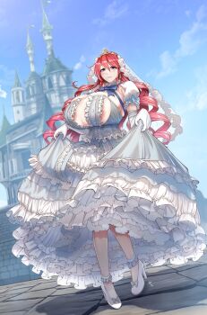 1girl anklet areola_slip blue_bow blue_dress blush bow breasts castle chest_ribbon cleavage clothes_lift commission dress dress_lift drill_hair ebi_(il14021) elbow_gloves frilled_dress frills gloves hair_between_eyes high_heels hongryeon_(last_origin) huge_breasts jewelry last_origin lips long_hair mole mole_under_eye official_alternate_costume outdoors purple_eyes red_hair revealing_clothes shoes skeb_commission sky smile solo standing tiara veil white_dress white_gloves white_shoes white_veil