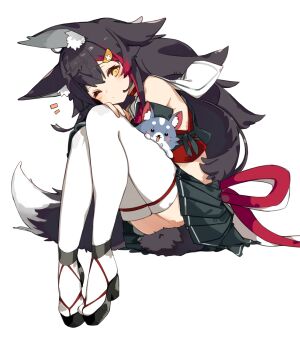 1girl 1other absurdres animal animal_ear_fluff animal_ears armpit_crease bare_shoulders black_hair black_skirt black_sleeves black_tail blush bow choker closed_mouth commentary crop_top cross-laced_slit detached_sleeves dog dot_mouth dot_nose flipped_hair full_body hair_between_eyes hair_ornament hairclip head_down highres hololive huge_bow japanese_clothes knees_up long_hair looking_at_viewer midriff miniskirt multicolored_hair one_eye_closed ookami_mio ookami_mio_(1st_costume) pleated_skirt red_bow red_choker red_hair red_streaks sailor_collar sandals sidelocks simple_background sitting skirt spiked_hair streaked_hair tail thighhighs tntl_nemui two-tone_hair very_long_hair virtual_youtuber white_background white_sailor_collar white_thighhighs wolf_ears wolf_girl wolf_tail yellow_eyes