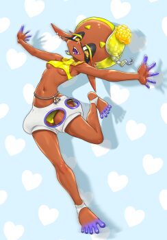 1girl armpits bad_tag belt belt_charm bikini blonde_hair breasts charm_(object) clothing_cutout colored_tongue dark-skinned_female dark_skin female_focus frye_(splatoon) full_body hair_ornament helmet highres koharu2.5 leg_up long_pointy_ears looking_at_viewer multiple_piercings navel nintendo open_mouth outstretched_arms pointy_ears pointy_nose purple_tongue pussy shadow simple_background smile solo spiked_ear_piercing splatoon_(series) spread_arms standing standing_on_one_leg star-shaped_pupils star_(symbol) stirrup_footwear swimsuit symbol-shaped_pupils tentacle_hair triangle_mouth underboob white_background wide_hips yellow_bikini yellow_eyes yellow_pupils