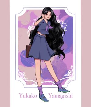 1girl bag black_hair blue_shoes character_name commentary diamond_wa_kudakenai english_commentary full_body highres jojo_no_kimyou_na_bouken kookirani lipstick long_hair makeup midriff pillarboxed purple_socks ribbed_socks school_bag shoes skirt socks solo very_long_hair wavy_hair yamagishi_yukako