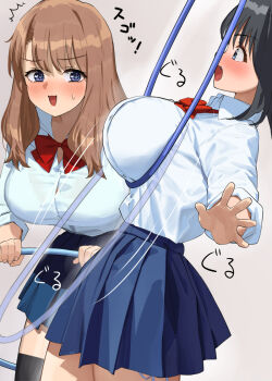 2girls ^^^ black_hair black_thighhighs blue_eyes blue_shirt blue_skirt blush bow bowtie breasts brown_hair button_gap commentary_request grey_background kaisen_chuui large_breasts looking_at_another medium_hair multiple_girls open_mouth original panties pleated_skirt red_bow red_bowtie school_uniform shirt short_hair side-tie_panties simple_background skirt thighhighs underwear zettai_ryouiki