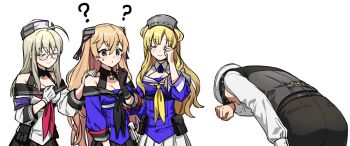1boy 3girls ? ahoge artist_self-insert black_gloves black_neckerchief black_skirt blonde_hair blue_shirt breasts brown_eyes cleavage closed_eyes dixie_cup_hat double_bun fletcher_(kancolle) glasses gloves hair_bun hair_ornament hairband hand_on_another's_shoulder hat heywood_l._edwards_(kancolle) johnston_(kancolle) kana_haruki kantai_collection large_breasts light_brown_hair long_hair medium_breasts military_hat multiple_girls neckerchief off_shoulder pink_neckerchief pleated_skirt sailor_collar school_uniform serafuku shirt sidelocks single_glove skirt smile star_(symbol) star_hair_ornament two_side_up white_gloves white_skirt yellow_neckerchief