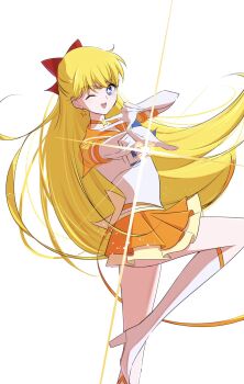 1girl aino_minako bishoujo_senshi_sailor_moon blonde_hair blue_eyes boots bow earrings gloves high_heel high_heel_boots high_heel_boots high_heels highres jewelry knee_boots kneehigh knee_boots kneehighs long_hair looking_at_viewer miniskirt one_eye_closed open_mouth red_bow sailor_venus sailormooe630 skirt smile socks standing standing_on_one_leg v wink