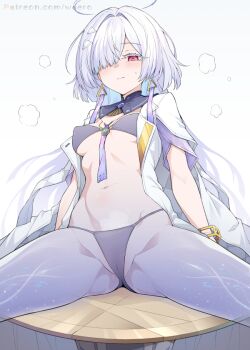 1girl bare_legs bikini black_bikini blush breasts hair_over_one_eye halo jacket long_hair mornye_(wuthering_waves) navel red_eyes short_hair simple_background sitting small_breasts solo spread_legs sweat swimsuit very_long_hair waero white_background white_hair white_halo white_jacket wuthering_waves