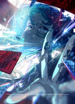 Rule 34 | 1girl, absurdres, aqua eyes, aqua hair, binary, commentary, cracked skin, english commentary, erimaki (erimaki2340061), hatsune miku, highres, long hair, mixed-language commentary, smile, solo, tears, vocaloid