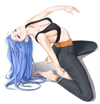 1girl barefoot blue_eyes blue_hair breasts chaesu feet highres leggings light_blush long_hair looking_at_viewer original parted_lips soles stretching toes