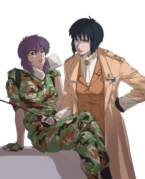 2girls aizheajsee black_hair blue_eyes camouflage camouflage_pants camouflage_shirt ghost_in_the_shell ghost_in_the_shell:_stand_alone_complex highres holding_radio looking_at_viewer medium_hair military_uniform multiple_girls multiple_persona pants purple_hair red_eyes shirt walkie-talkie
