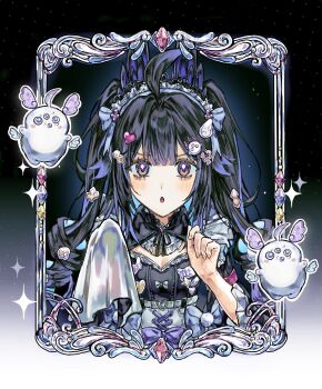 1girl :o absurdres ahoge aloupeep_(enna_alouette) black_hair blush breasts cha1nyan cleaning cleaning_rag cleavage commentary decora english_commentary enna_alouette enna_alouette_(maid) head_wings highres holding_rag looking_at_mirror looking_at_viewer maid maid_headdress mirror multicolored_hair nijisanji nijisanji_en purple_eyes purple_hair reflection reflection_focus small_breasts sparkle streaked_hair two_side_up virtual_youtuber wings